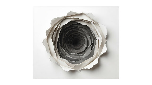 A circular hole torn in the center of a white paper sheet with rough edges revealing a dark empty space behind it