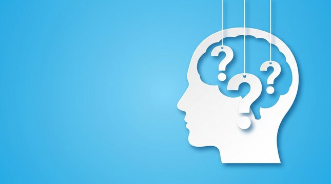 Human head silhouette with question marks inside brain on blue background concept for confusion or memory loss