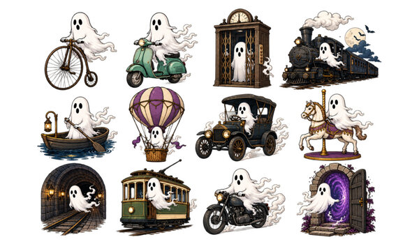Halloween ghost transportation vector designs featuring bicycles, trains, cars, boats and magical portals
