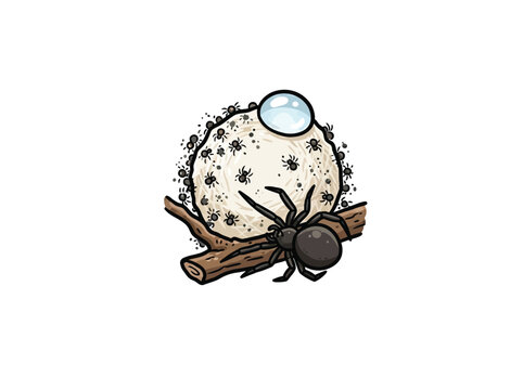 Spider Egg Sac With Spiderlings On Branch Isolated Vector Illustration