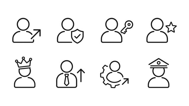 User Icon Set: A collection of minimalist line icons depicting various user profiles and functions, including security, key access, and leadership roles.