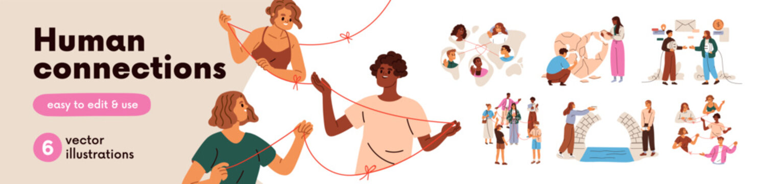 People connect into community, team. Social network, communication, human relationship, cooperation concepts. Diverse people group, couple, community connecting, networking. Flat vector illustrations