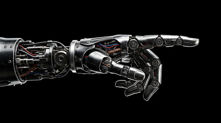 Naklejka premium Metallic robotic hand pointing forward isolated on black background