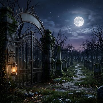 Wrought iron cemetery gates at night with glowing lantern under a bright full moon cemetery gate graveyard gate old gate stone wall cemetery graveyard halloween gravestone tombstone entrance
