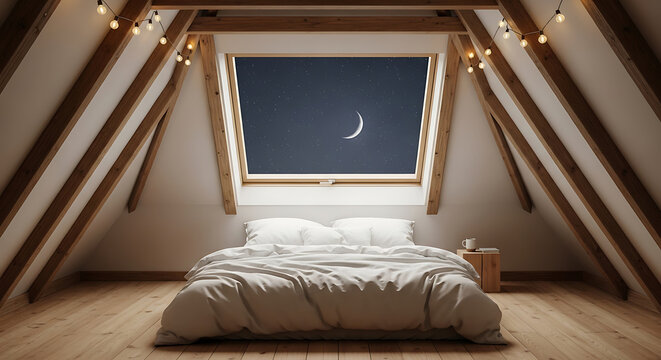 Minimalist attic bedroom with white bed and night sky view background full hd download 2025 2026