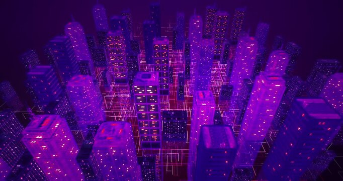 Smart city technology network grid with wireframe skyscrapers connecting digital data. Technology related 3D animation.