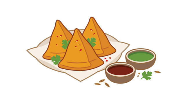 Samosas with dipping sauces and spices flat vector illustration