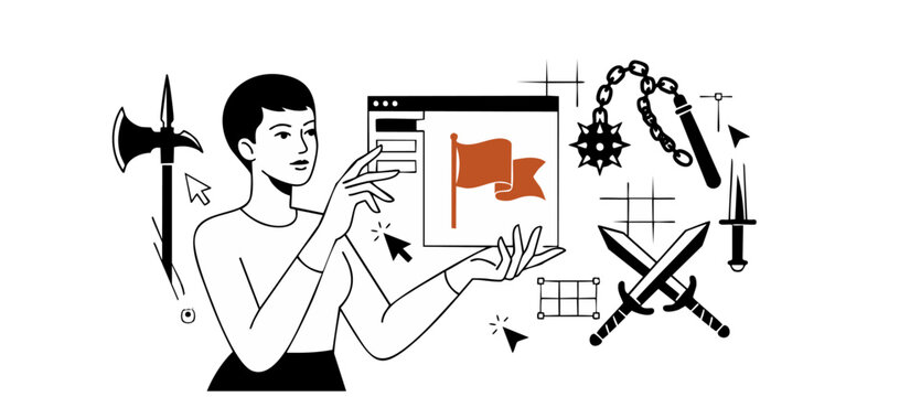 Woman designer web security interface interacting with flag window surrounded by medieval weapons for digital defense concept, minimalist vector illustration for software protection technology.