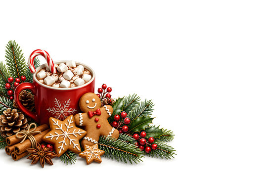 Christmas Hot Chocolate with Gingerbread Cookies and Evergreen Copy Space