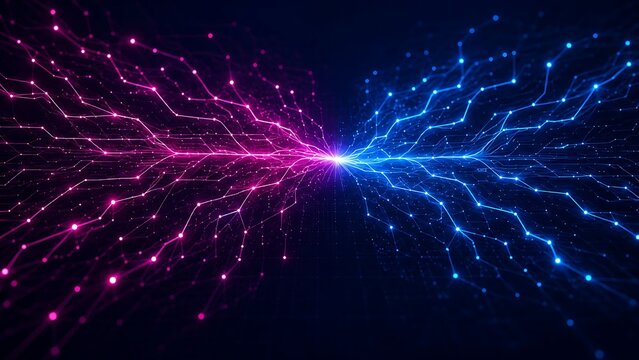 Neural network connection merging glowing pink and blue circuit nodes for artificial intelligence and big data concept