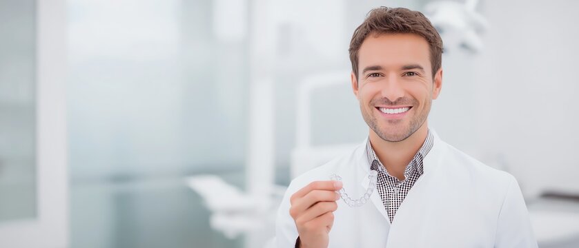 Smiling dentist holding a dental tool.