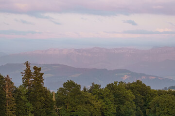 Warm alpenglow illuminates a dramatic rocky hills as evening clouds drift above a dark evergreen forest, creating a cinematic mountain landscape. © Anna