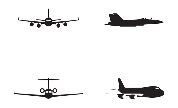 Airplane silhouettes set showing front view passenger jet and side view military aircraft models.