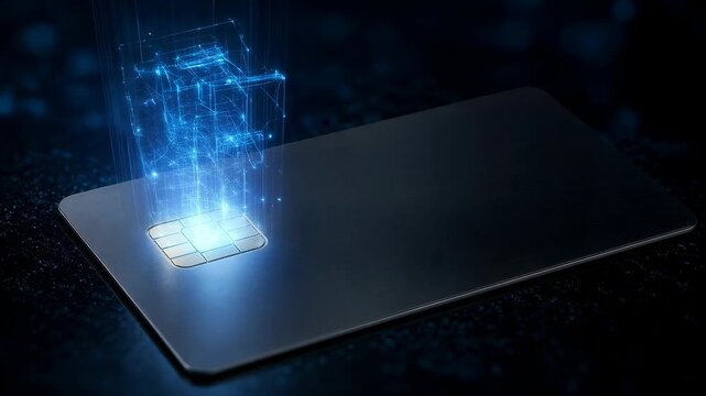 Futuristic credit card digital payment glowing hologram contactless chip technology virtual data fintech finance online banking secure transaction