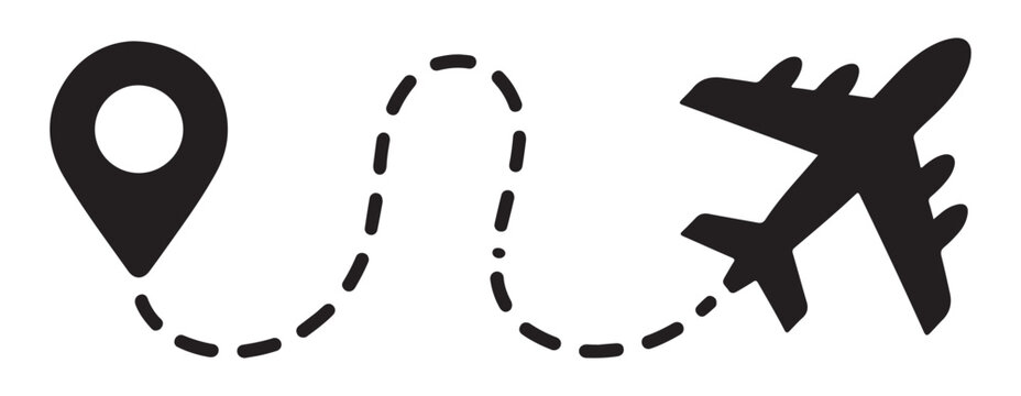 Map pin pointer with dashed route line leading to a black passenger plane silhouette vector graphic.