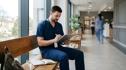 Fototapeta premium Male doctor using digital tablet while sitting on bench in hospital hall