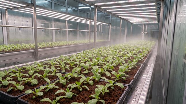 Rows of Seedling Trays Under LED Grow Lights and Automatic Misting in Indoor Farm