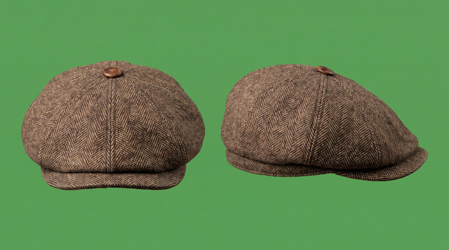 Brown tweed newsboy cap on green background, vintage flat cap product photo