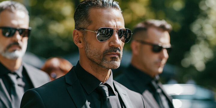 A man in a black suit and sunglasses looks serious, with two other men in similar attire behind him. This image evokes a sense of power, mystery, and perhaps a solemn occasion.