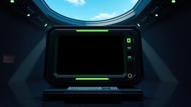 Futuristic console glows within dark spaceship interior. Sky visible through circular window above device. Minimalist design, sleek lines dominate scene.