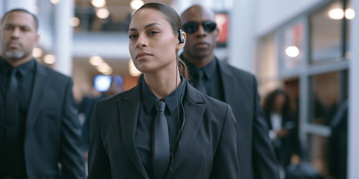 Professional security detail escorting a woman in a black suit and tie, conveying a sense of protection and importance. They walk with purpose through a modern interior.