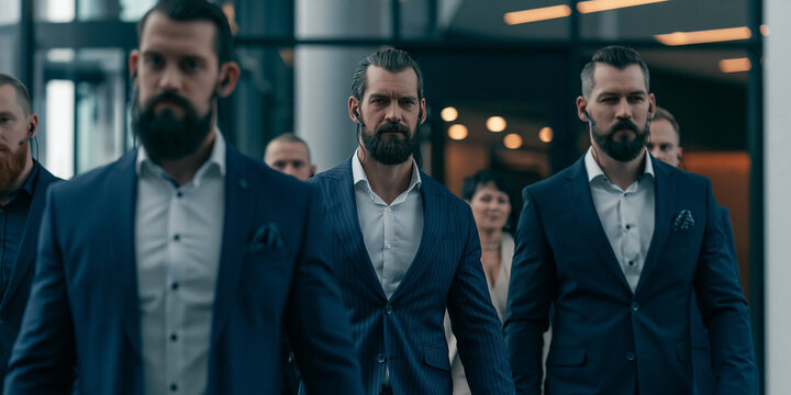 A group of men in suits walking forward confidently, appearing like bodyguards or a security detail