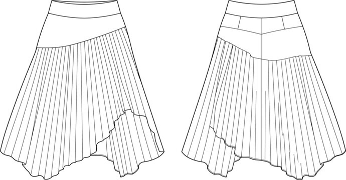 Pleated Asymmetric Skirt Fashion Flat Sketch Front and Back View