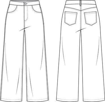 Wide Leg Jeans Fashion Flat Sketch Front and Back View with Pockets
