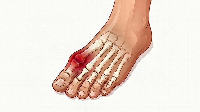 Bunion foot deformity illustration, hallux valgus bone anatomy with red inflammation, painful toe joint medical diagram