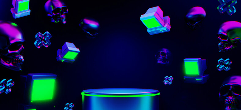 abstract backgound video game of scifi gaming cyberpunk, vr virtual reality simulation and metaverse, scene stand pedestal stage, 3d illustration rendering, futuristic neon glow room