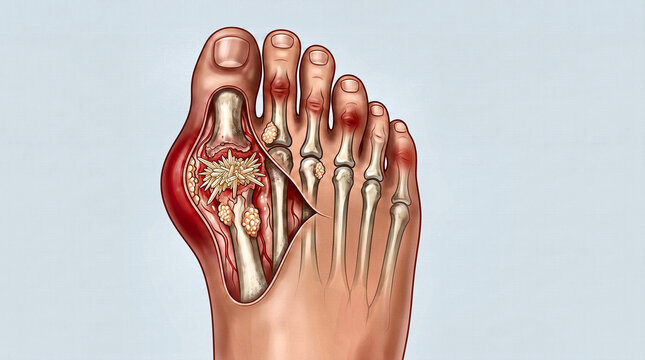 Gouty arthritis medical illustration, human foot with uric acid crystals in joint, bunion deformity and toe inflammation
