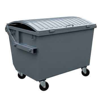 Gray dumpster with wheels on gray surface