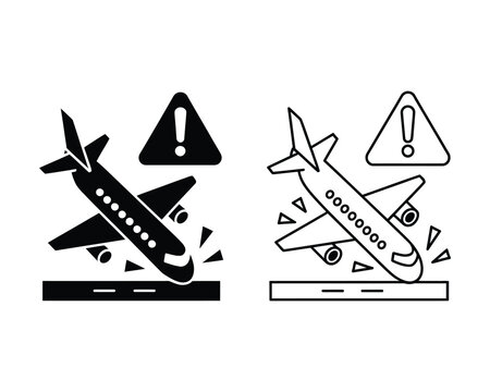 Plane Crash Icon featuring a breaking airplane, warning symbol, and fragile object concept for aviation accidents, safety alerts, and hazard signs