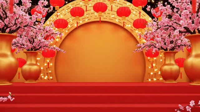 Red podium with Chinese lanterns and blossoms for celebration