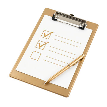 Gold clipboard with white paper checklist, two checked boxes, and a matching gold ballpoint pen resting on isolated on a transparent background