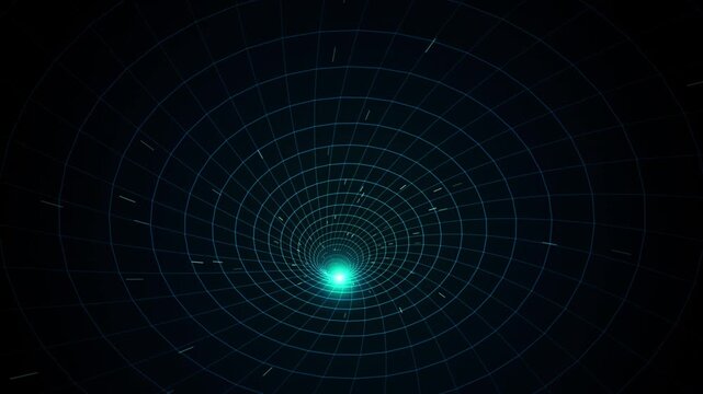 Glowing light tunnel moving through circular grid pattern background