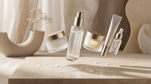 Set of cosmetic bottles and jars floating for skincare products on a modern stone surface. makeup primer kit
