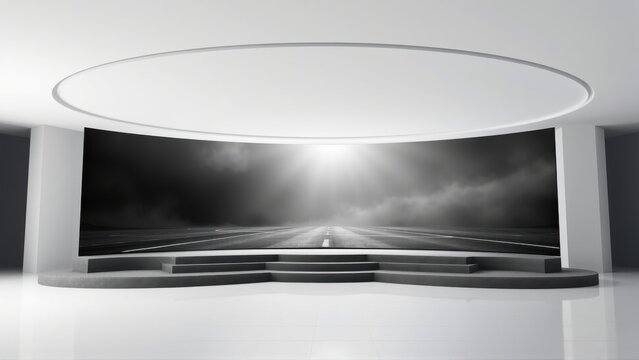 Minimalist studio setup. Curved screen displays highway scene. Bright light emanates from roads vanishing point. Clean, modern aesthetic.