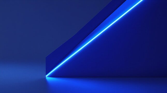 Minimalist abstract 3D background with glowing neon blue triangular shape on dark surface.