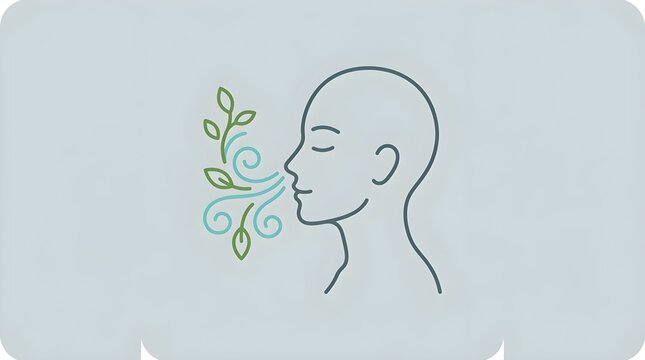 Person Exhaling Breath with Leaves and Swirls Line Art Icon
