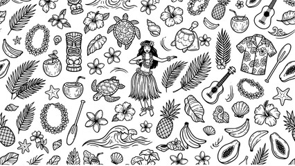 Seamless pattern with hand drawn hawaiian elements and hula girl doodle illustrations © Dipa