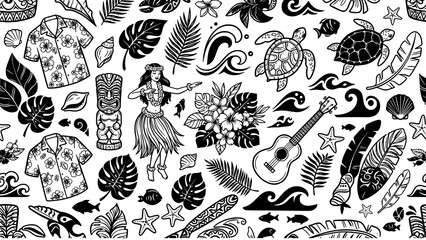 Seamless pattern with tropical elements including hula girl tiki mask and surfboards © Dipa