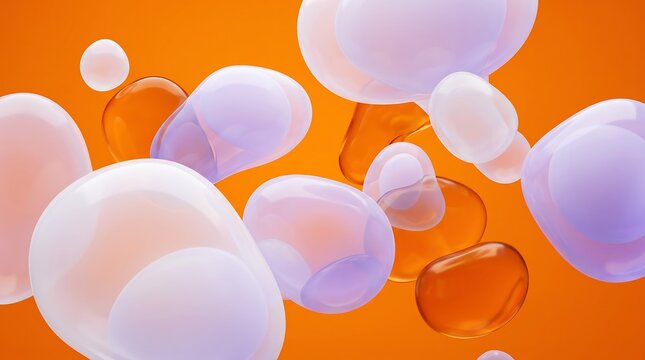 Abstract background with floating soft purple and orange liquid bubbles and glossy 3d shapes for modern design