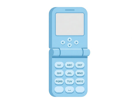 パステルブルーの可愛らしい折りたたみ式携帯電話のフラットデザインイラスト。レトロなフィーチャーフォンをモチーフにしたシンプルで親しみやすいアイコン素材。デジタル通信や懐かしいテクノロジーを象徴するグラフィック。