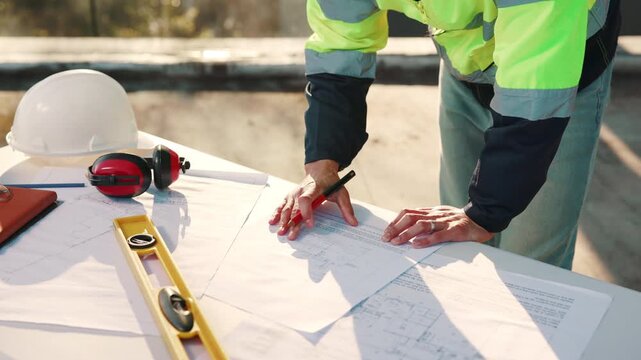 Blueprint, hands and review documents at construction site for architecture, upgrade and flare. Notes, floor plan and supervisor person with strategy for engineering or building proposal evaluation