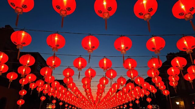 Rows of glowing red lanterns hanging outdoors at twilight