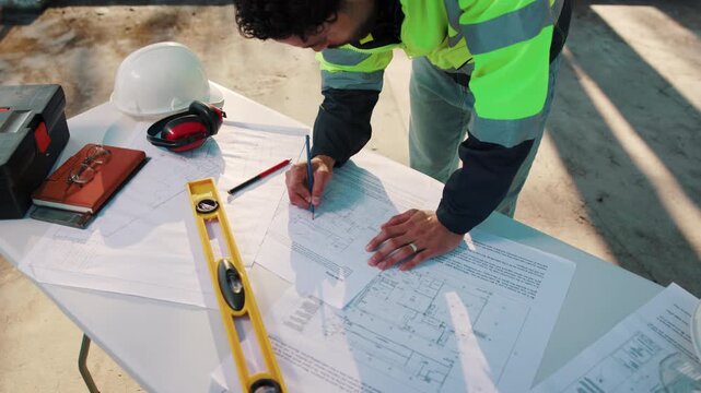 Floor plan, hands and above documents at construction site for architecture, review and upgrade. Notes, blueprint and supervisor man with strategy for engineering or building proposal evaluation
