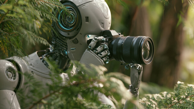 A cutting edge robot photographer exploring the beauty of nature while surrounded by vibrant greenery and capturing stunning images