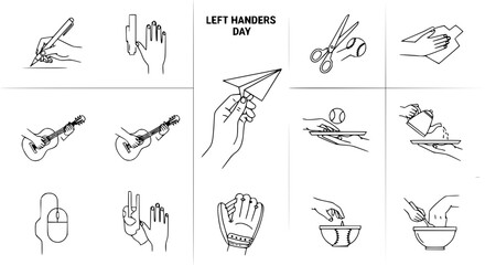 Fototapeta premium Left Handers Day Icons: Writing, Guitar, Scissors, Paper Plane, Baseball, Mouse