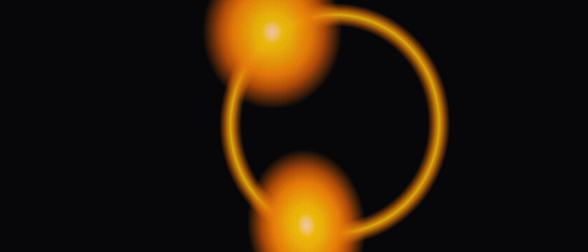 Glowing orange molecular structure with two spherical atoms connected by a curved circular bond ring. Abstract 3D illustration of chemical bonding on a solid black background. Scientific art